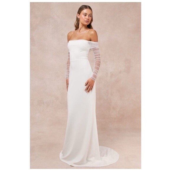 Lulus Beautifully Beloved White Mesh Off-the-Shoulder Maxi Dress Size Small - Picture 2 of 9